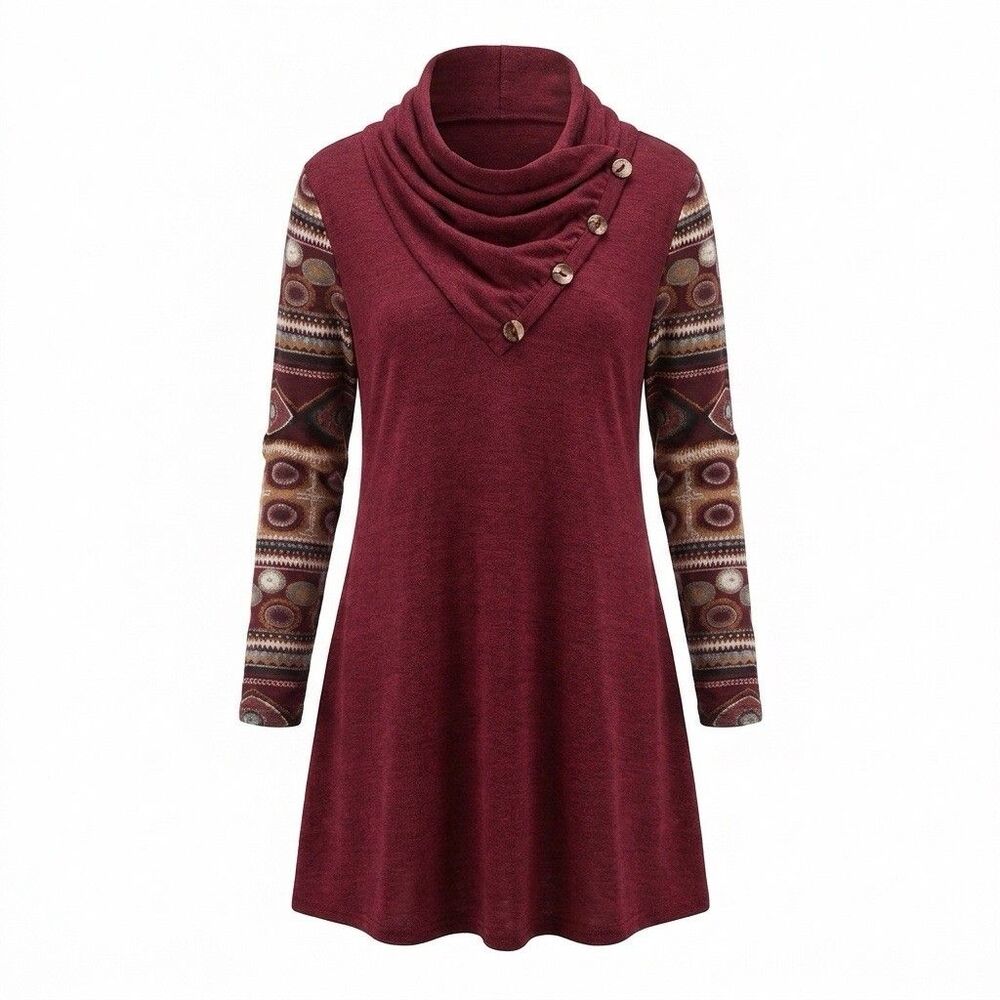 Leik Southwestern Shirt Womens 5XL Cowl Neck Burgundy Stretchy Long Sleeve